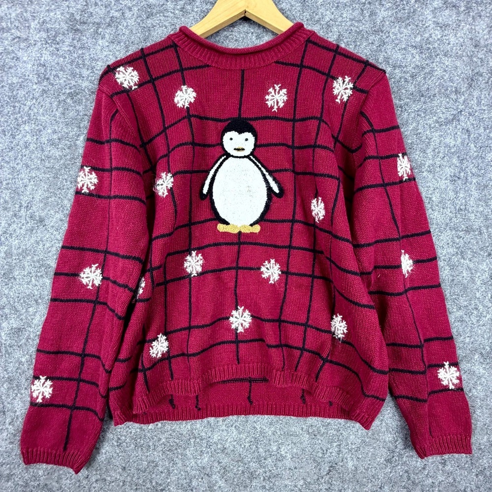Vintage‎ Christopher & Banks Sweater Red Plaid Holiday Penguin Hand Embroidered